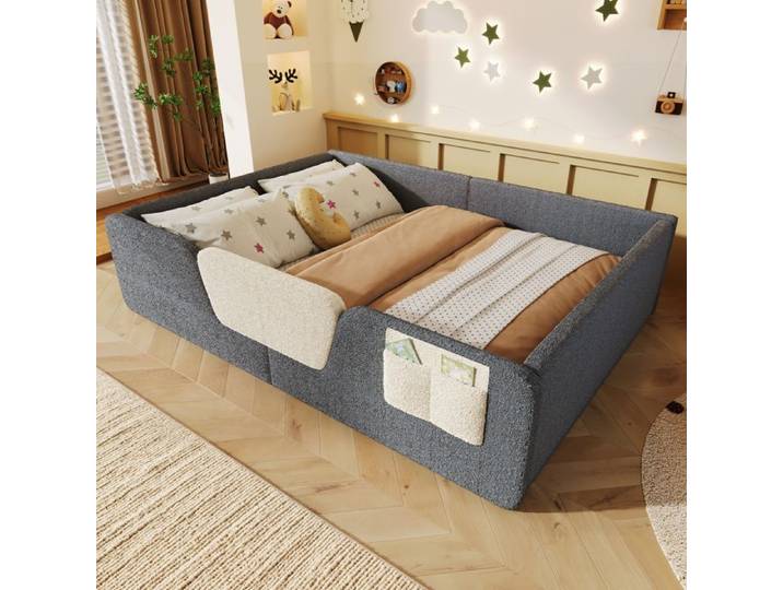 Polsterbett 140 x 190 cm ohne Matratze abnehmbare Sicherheitsgitter integrierte Stofftasche Samt Grau