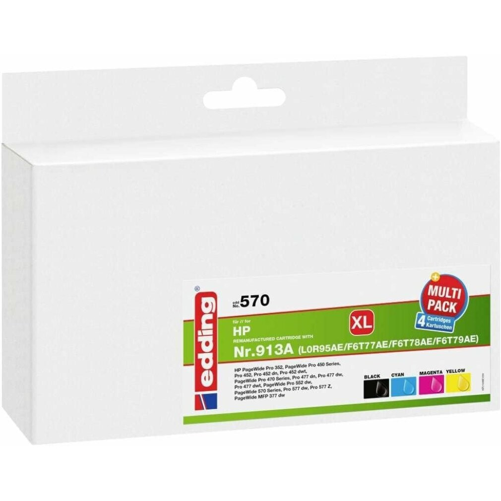 Edding Set van 4 Printerpatronen compatibel met HP 913A, Zwart, Cyaan, Magenta, Geel