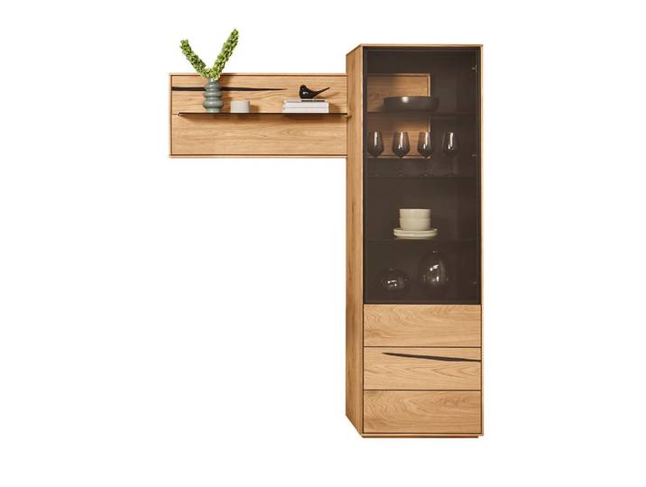 Waldwelt Vitrine massiv, Schwarz, Eiche, Holz, Glas, Wildeiche, furniert,massiv, 6 Fächer, Volllichtspektrum, 154x192x40 cm, Typenauswahl, Beleuchtung, Holzmöbel, Holzschränke, Vitrinen Holz, Vitrinenschränke Holz