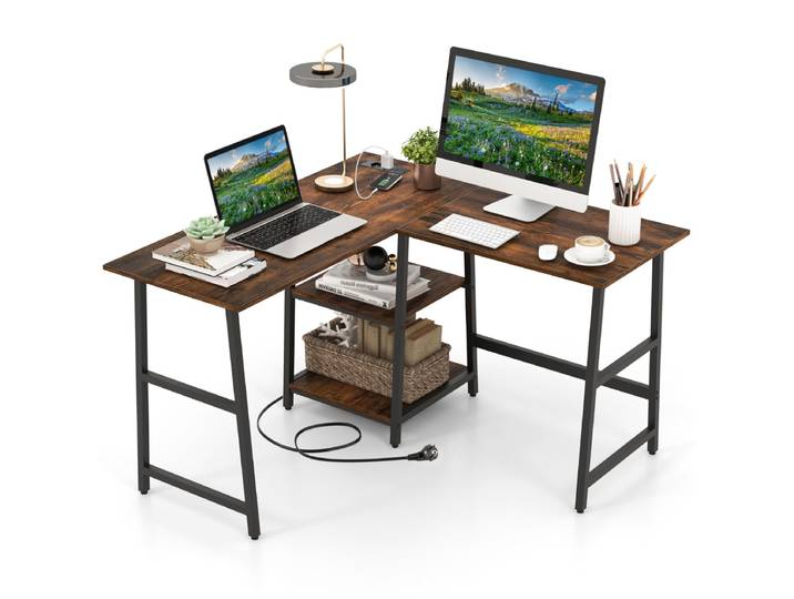 L-Vormig Computerbureau met Stopcontacten en USB-Poorten 120 cm Lang Hoekbureau met Planken PC-Tafel met Metalen Frame-Koffie
