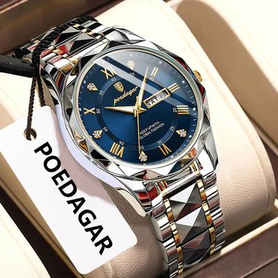 Inspire Select POEDAGAR 615 Luxury Waterproof Stainless Steel Men's Quartz Watch With Luminous Date & Week Display 615 Black Black