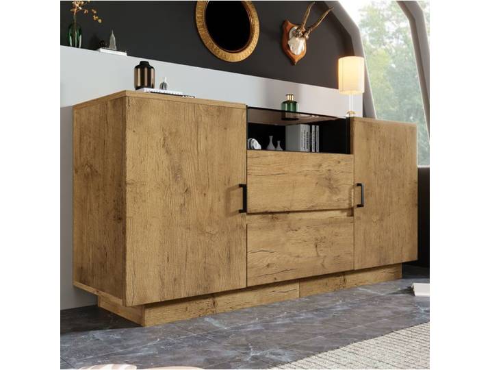 Commode-Buffet 140x40x70 cm avec 2 tiroirs 2 placards et niche ouverte verre ESG teinté bois chêne clair