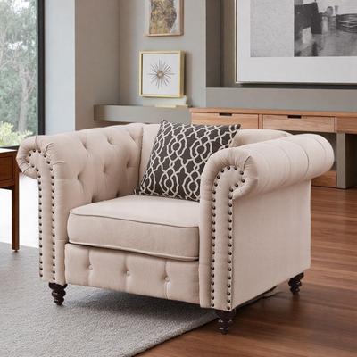 "45"" Linen Tufted Accent Chair with Pillow and Button Tufting and Rolled Arms and Turned-Bun Legs"