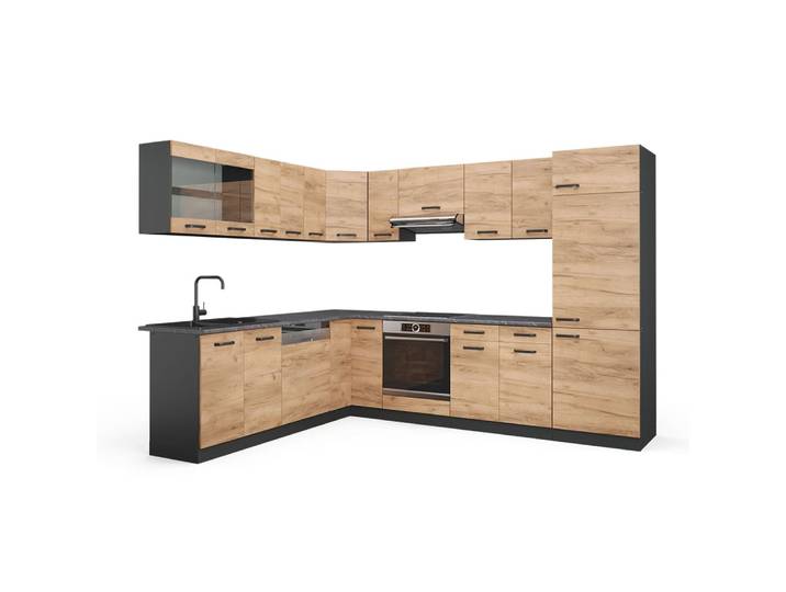 Cuisine en angle pt anthracite chêne doré 287x81,6cm