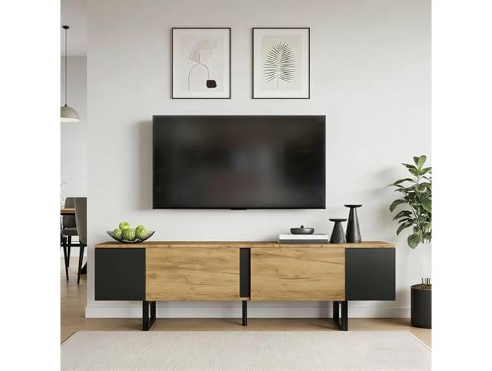 BTM 180x40x55cm TV-Schrank, Lowboard TV Board, TV-Konsole mit 2 Schränke und Offene Lagerflächen auf beiden Seiten, Fernsehtisch, Wohnzimmerschrank, geeignet für bis zu 75 Zoll