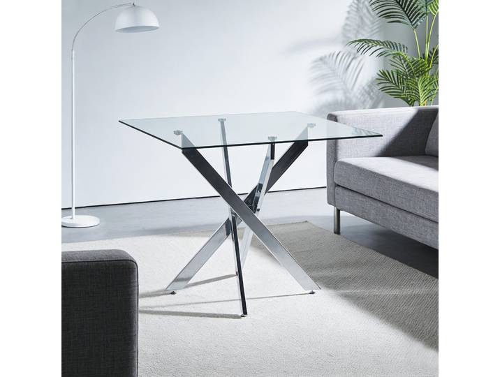 MODFU Quadratischer Esstisch mit Glasoberfläche,Couchtisch,Küchentisch mit Silver Metallbeine,für Wohnzimmer,Outdoor