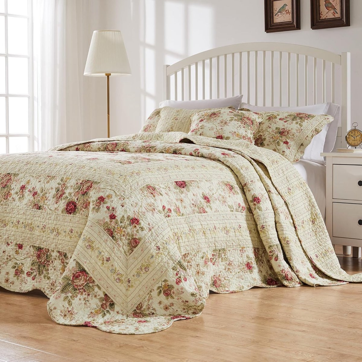 Luxe 3-delige bedsprei set met bloemmotief in ecru
