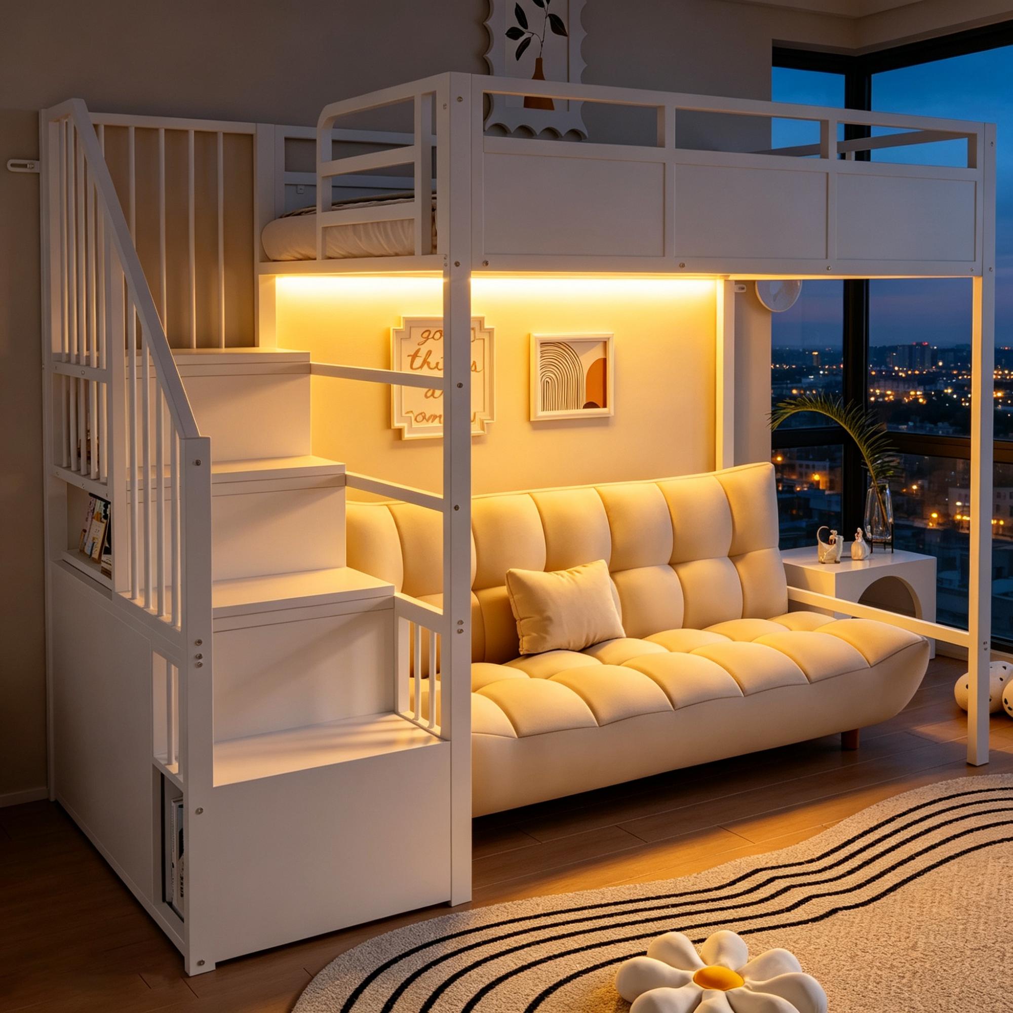Merax Hochbett Etagenbett 90x200cm mit LED Licht, Kinderbett mit Stauraumleiter und Sicherheitsgeländer, Holzverkleidung, Jugendbett aus Metall, Weiß