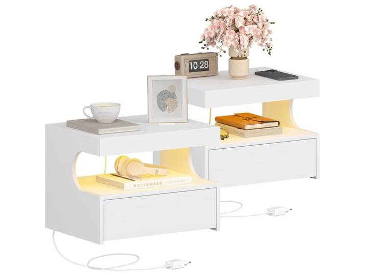 Table de Chevet Suspendue Lot de 2 Table de Nuit Suspendue LED Tables de Chevet Murale avec 1 Tiroir Coulissant Blanc