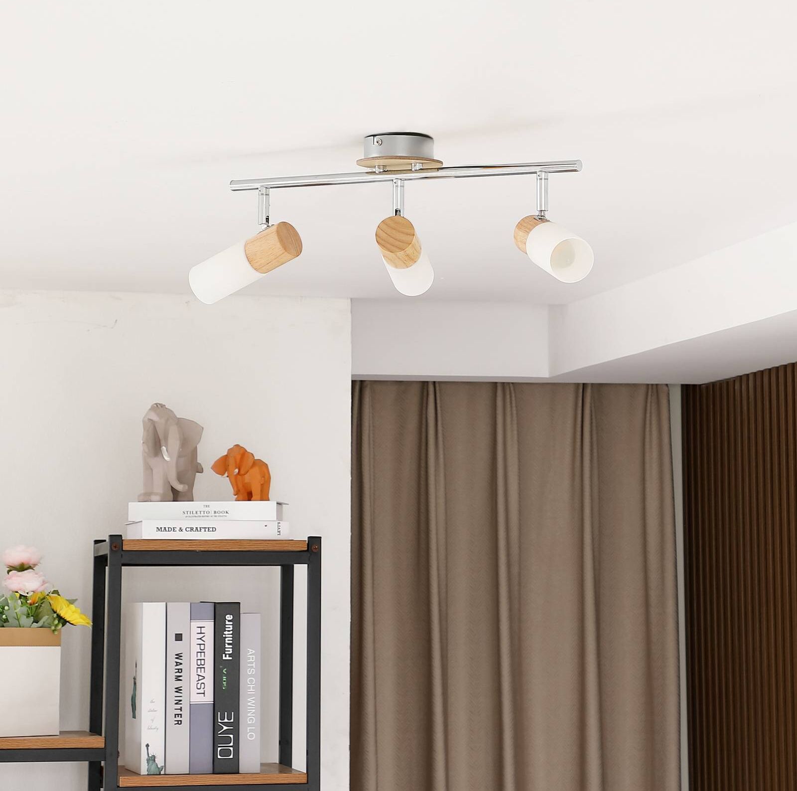 Christoph wooden spotlight, 3-bulb, long Lindby, dimmable, Light wood, Bedroom, Wood, Country House / Rustic, Ceiling Light