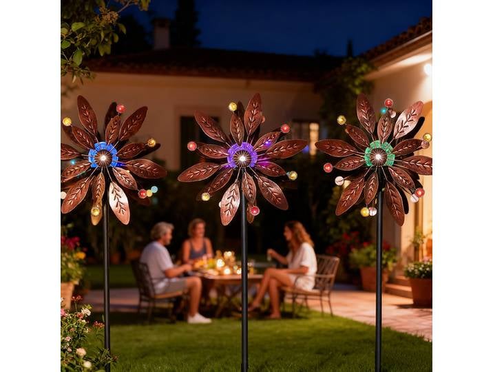 Moulin à vent solaire à lumière dégradée de 7 couleurs, Turbine éolienne rotative décorative d'extérieur à énergie éolienne avec lumières LED arc-en-ciel