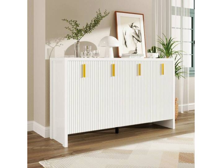 Buffet bas - 140 x 38 x 80 cm - 4 portes - Poignées dorées - Étagères réglables