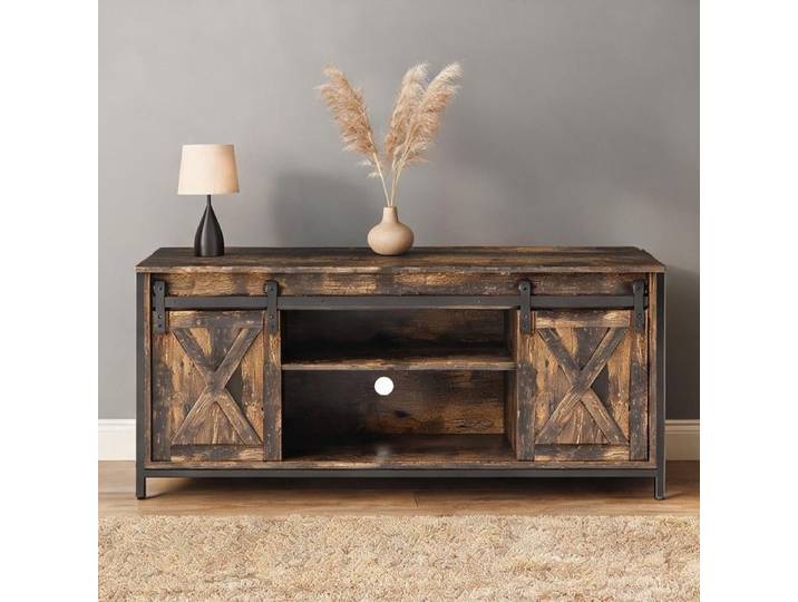 Meuble TV industriel en contreplaqué rich brown 120 cm 6 compartiments portes coulissantes