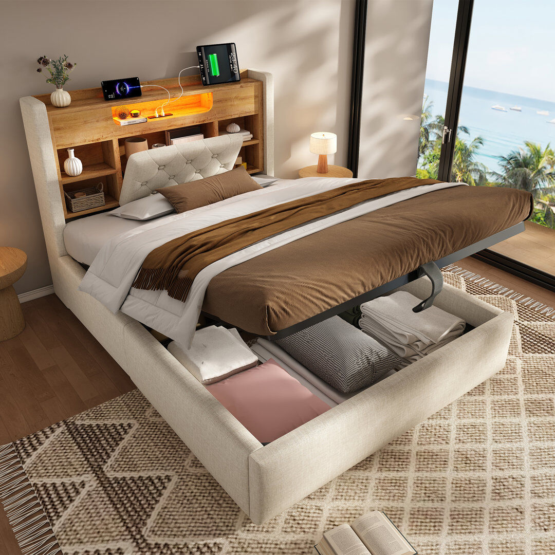 Brayden Studio Upholstered Linen Ottoman Bed Beige Double (4'6)