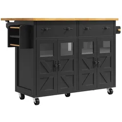 MODFU Servierwagen MDF Schwarz 140x45x93,5 cm, ausziehbare Platte, 5 Rollen, Sicherheitsglastüren