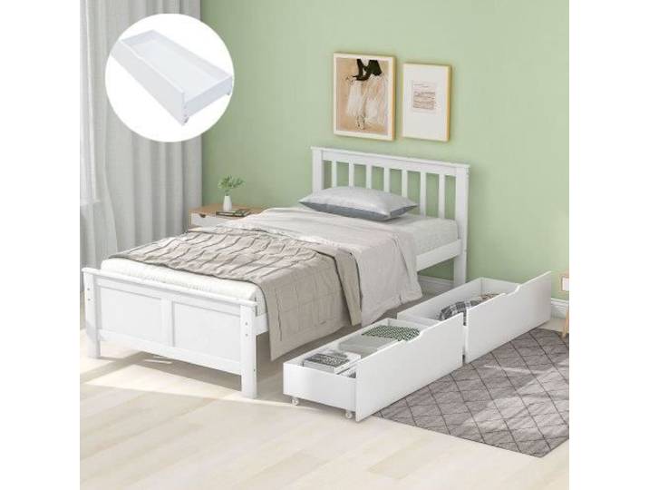 Lit enfant 90x200cm Lit simple avec tiroirs de rangement cadre en pin lit pour adolescents lit pour adultes blanc