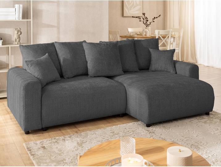 Calma - Komfortables Ecksofa im Bumpy-Design mit Schlaffunktion und Bettkasten aus weichem Grau Chenille-Stoff