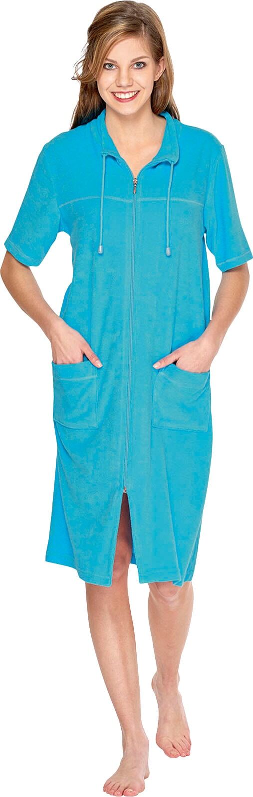 Damenbademantel WEWO FASHION "033" Gr. 36, blau (türkis), L:100cm, Leichtfrottee, Hausmäntel, Damenbademantel, Kragen mit Kordel türkis 36/38 L: 100cm