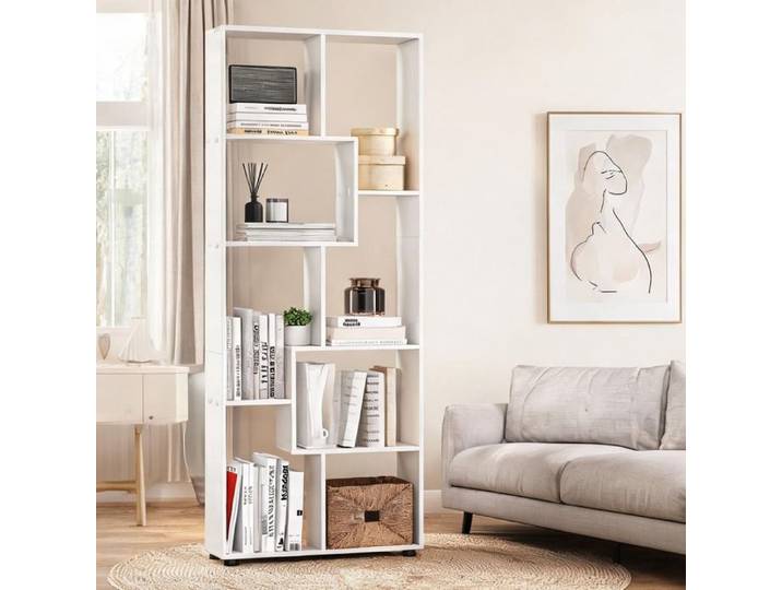 Bibliothèque design zig zag 70x24x178 cm blanc - 8 compartiments séparateur d'espace