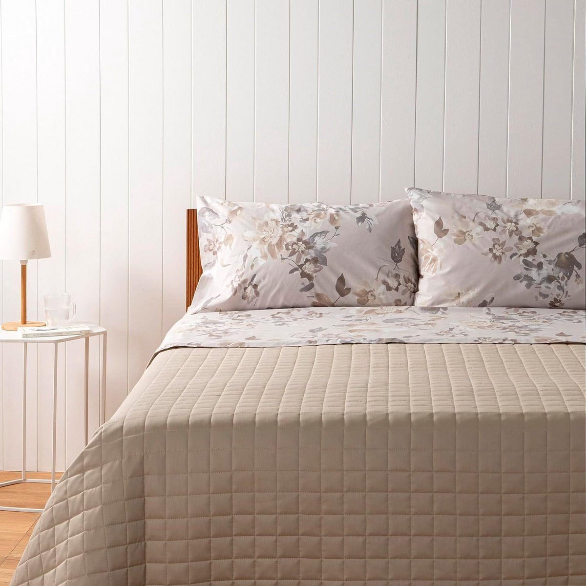Tweepersoons Beddengoedset Beige met Bloemprint - 100% Katoen