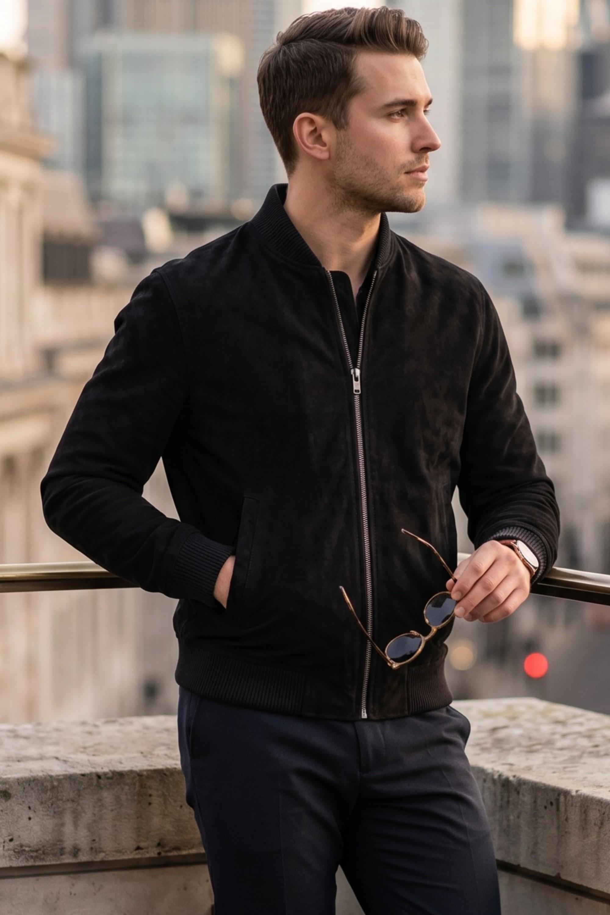 Infinity Leather Herren Bomberjacke MA-1 aus Ziegenveloursleder, Modell North - Schwarz