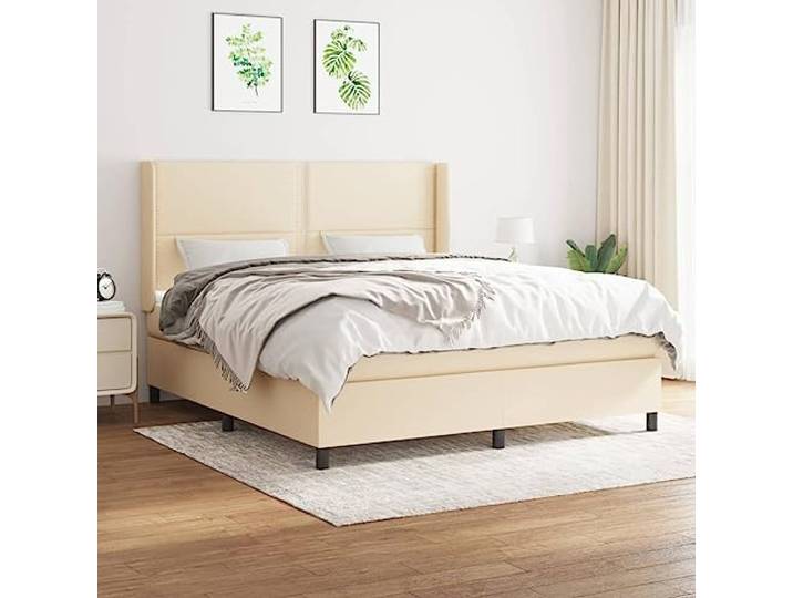 RJPLMFV Bettgestell mit Taschenfederkernmatratze, 180 x 200 cm, cremefarben Verstellbares Kopfteil, mittelharte Unterstützung, atmungsaktiver Stoff, weicher Matratzenschoner, einfache Montage