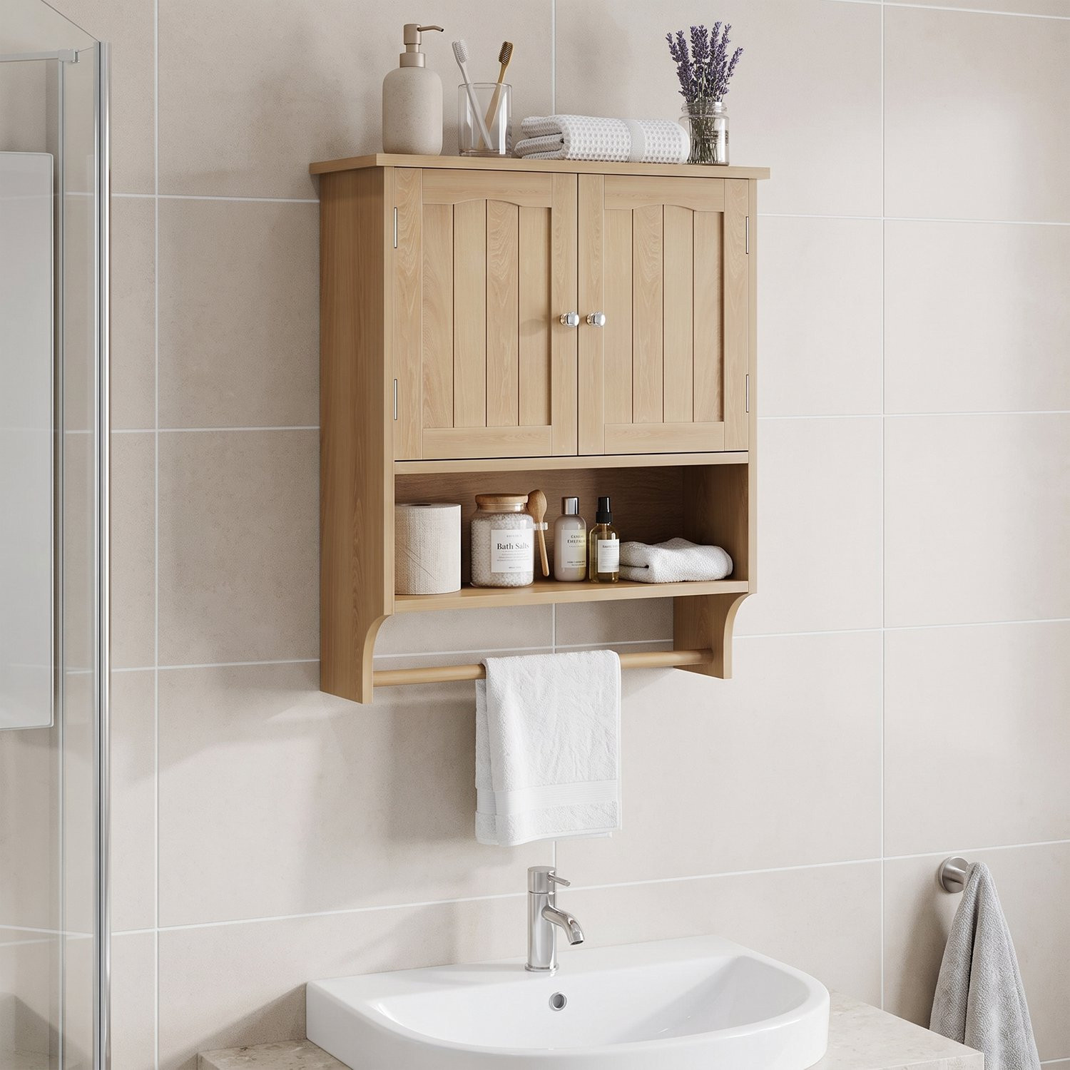 MODFU Badkamer Wandkast met Dubbele Deur, Open Vak en Handdoekhouder, Eikenlook, MDF