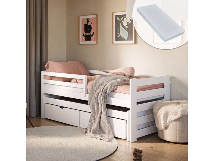 Lit complet enfant 90x200 + Lit gigogne 90x190 - Lit avec matelas et sommier - 2 tiroirs - Lit simple avec rangement - Blanc