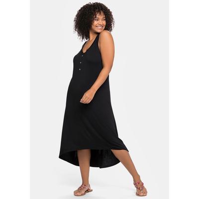 Sommerkleid SHEEGO "Strandkleid", Damen, Gr. 44, Normalgrößen, Langarm, Single Jersey, schwarz, Single Jersey, 95% Viskose, 5% Elasthan, unifarben, wadenlang, V-Ausschnitt, Kleider Sommerkleid