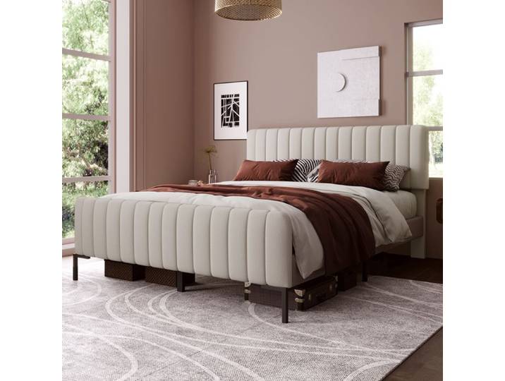 BEL Lit double capitonné 160x200 cadre lattes tête réglable lin gris-beige chambre enfant/amis