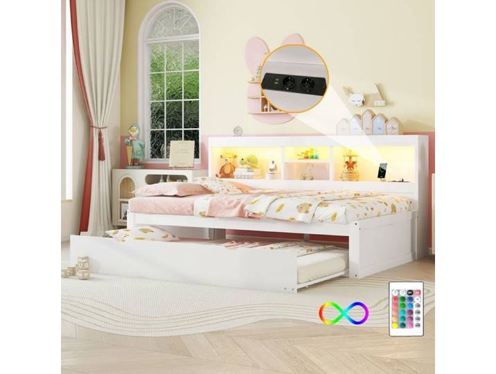 Lit gigogne - SOGEU - Lit Gigogne - 90 x 200 cm - LED intégrée - Prises & USB