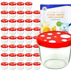 40er Set Sturzglas 230 ml Fliegenpilz rot weiß gepunkteter Deckel inkl. Diamant Gelierzauber Rezeptheft
