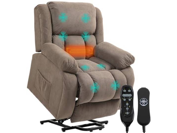 HOMCOM Fernsehsessel mit Aufstehhilfe Elektrisch Relaxsessel Hellbraun Liegefunktion, Wärmefunktion, Vibrationsmassage, Massagesessel, Fernbedienung, Seitentasche, USB, Taschenfederkern