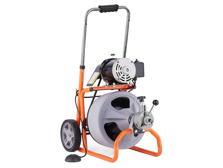 Machine de nettoyage de tuyaux VEVOR 100 pieds x 3/8 pouces\, spirale de nettoyage de tuyaux automatique sur roues\, machine de nettoyage de tuyaux portable avec 8 coupeurs et pédale deactivée par l'air