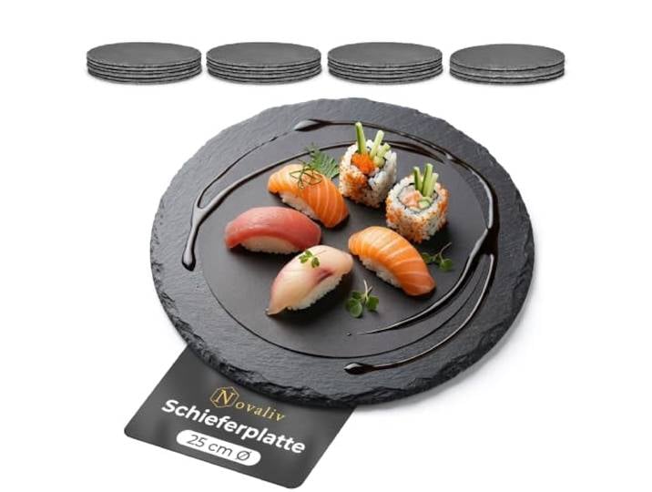 Novaliv 24x Schieferplatten I rund I 25x0,5 cm I Schiefer länglich Servierplatte länglich Sushi Teller Sushi Brett Dekoteller Buffetplatte