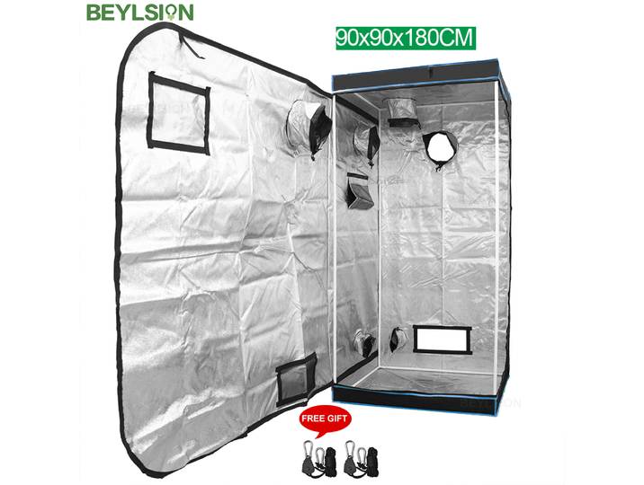 Serre de culture 90x90x180cm avec fenêtres de ventilation, cordes de suspension et plateau de base pour culture hydroponique intérieure