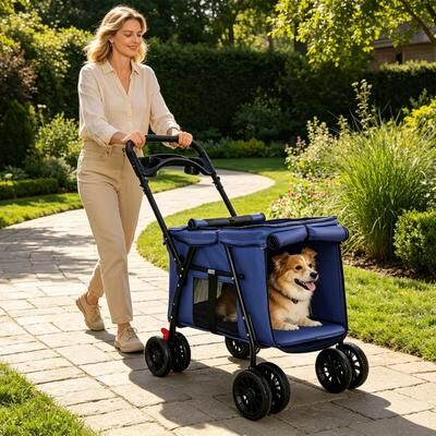 Justmaellc Foldable 4-Wheel Design Pet Stroller with Shockproof Wheels Storage Tray