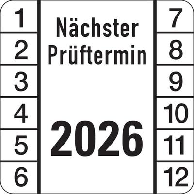 Prüfplakette ab 26, Nächster Prüftermin, Jahresfarben - Bogen = 10 Plaketten - 30 x 30 mm Folie selbstklebend