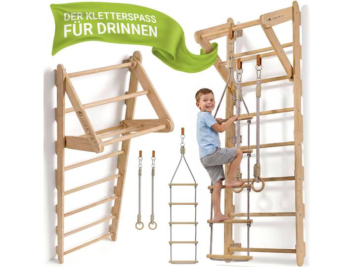 Juskys Sprossenwand für Kinder - Indoor Klettergerüst mit Turnringen und Strickleiter