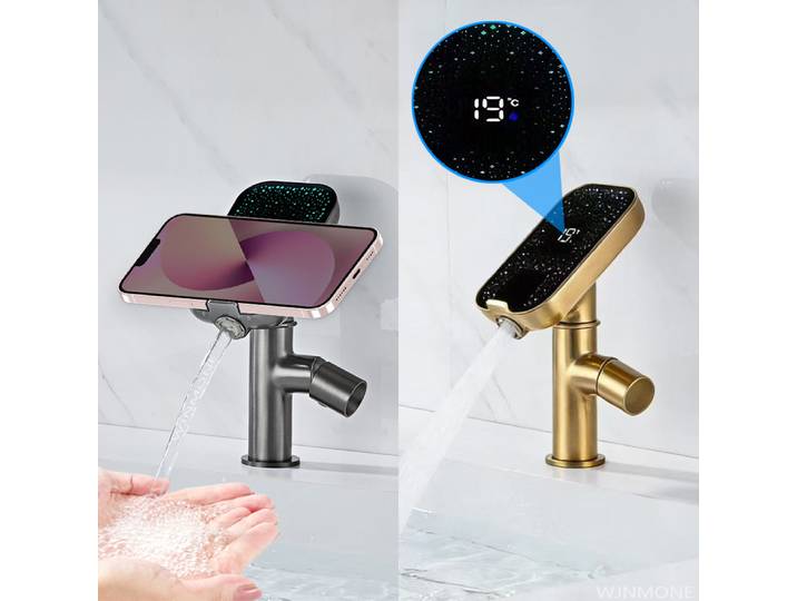 Robinets de salle de bains de luxe modernes, robinets d'évier de lavabo en cuivre massif montés sur le pont, mélangeur d'eau chaude et froide, robinet de lavabo intelligent à affichage LED Robinet