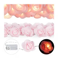 Relaxdays Rosen Lichterkette, 20er LED Lichterkette Batterie, Hochzeit, Verlobung & Valentinstag, warmweiß, Deko, rosa