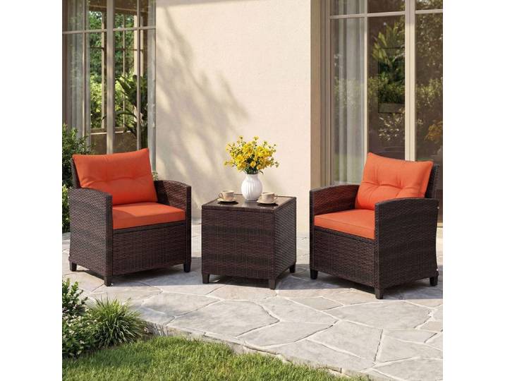 Ensemble Table et Chaises de Jardin 3 Pièces COSTWAY Chaises en Rotin PE Plateau en Verre Trempé Coussins Amovibles Orange