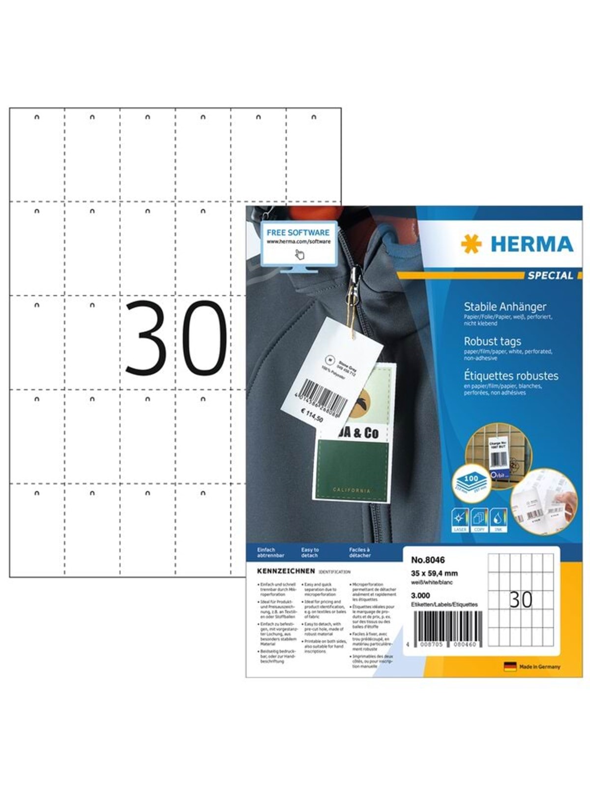 HERMA Stabile Anhänger, A4, 35 x 59,4 mm, weiß, perforiert, nicht klebend, bedruckbar