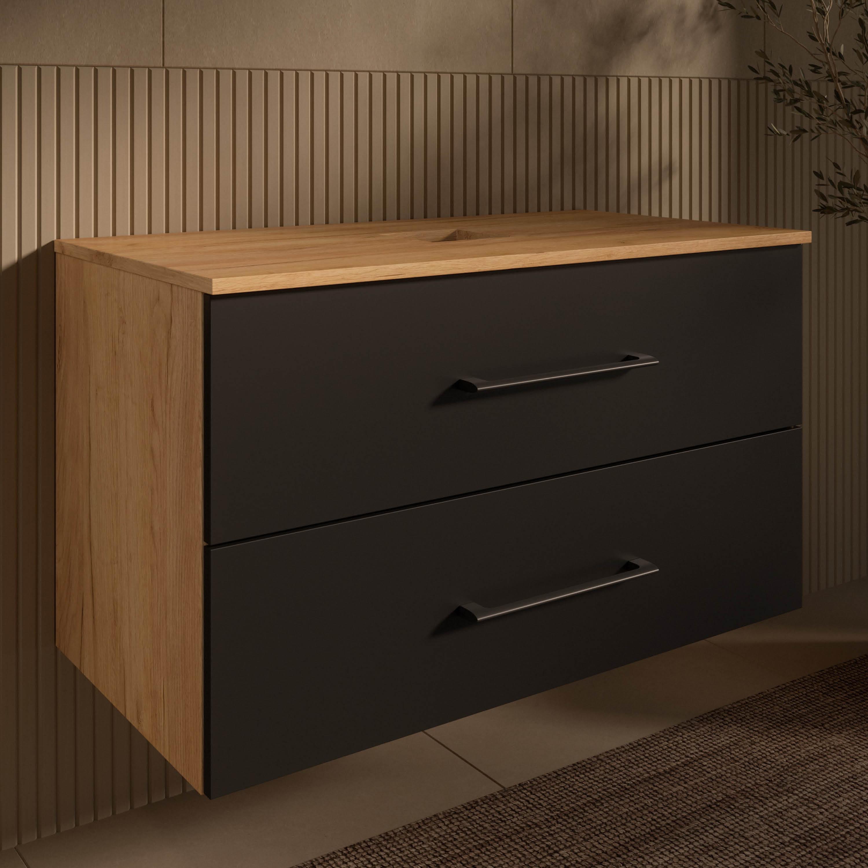 Planetmöbel LUX Waschtischunterschrank 90 cm hängend ohne Aufsatz-Waschbecken Gold Eiche/Anthrazit