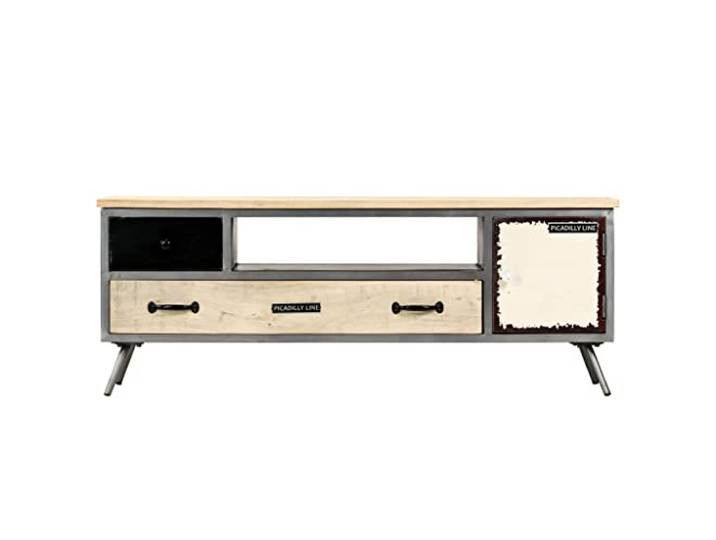 KGHERMDF TV-Schrank Massivholz Mango und Stahl 120x30x45 cm 2 Schubladen, 1 Ablage, 1 Fach, Mid-Century Design, Industriestil, Einzigartige Holzmaserung