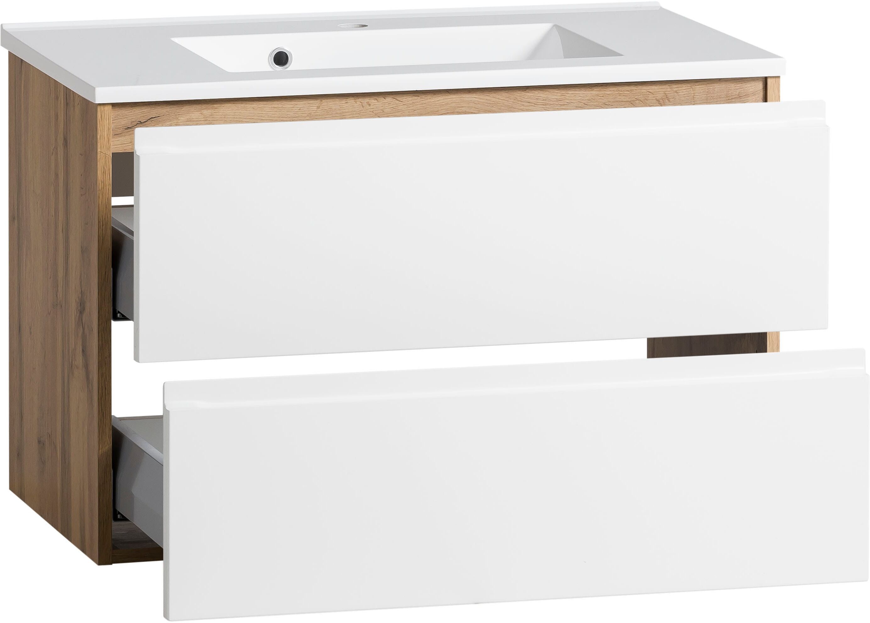 Waschtisch WELLTIME "Sölden", weiss (weiß, wotaneiche), B:80cm H:56cm T:47cm, Waschtische, Waschtisch weiß, wotaneiche B/H/T: 80cm x 56cm x 47cm