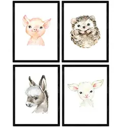 POSTER Set mit 4 Schwein Ziege Igel Esel A4 Schwarzer Rahmen