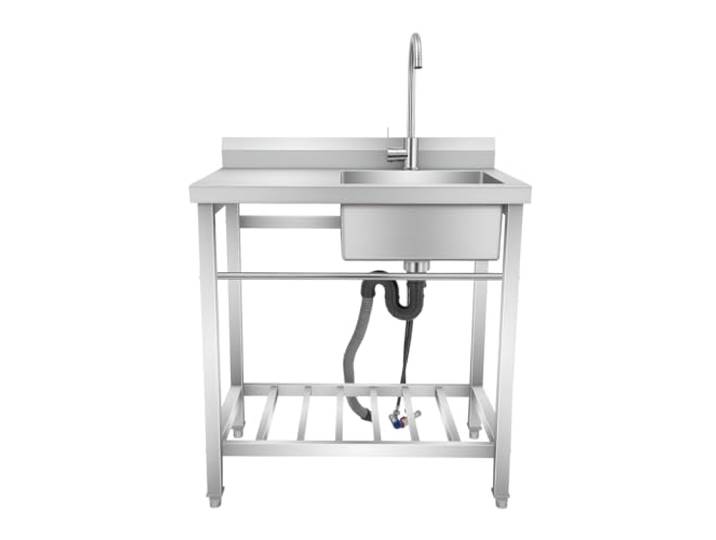 Edelstahl Spültisch Freistehend Einzelbecken mit Arbeitsplatte Gastro Robuster Gastro-Spültisch aus 201 Edelstahl mit Armatur, spritzfreiem ABS-Bubbler, Spritzschutz und unterem Ablagerost.