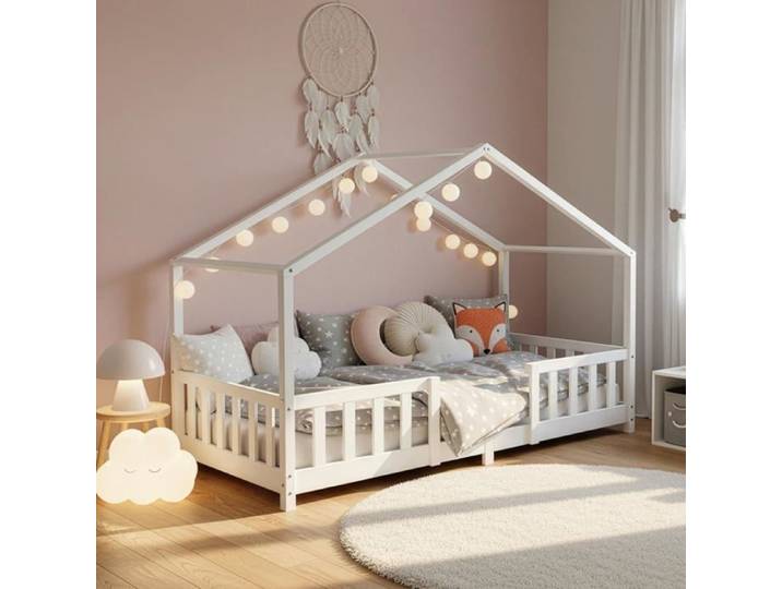 Lit Cabane Enfant Montessori 70x140 cm Style Scandinave Barrière Sécurité Sommier Lattes Bois Pin Massif Charge 70 kg