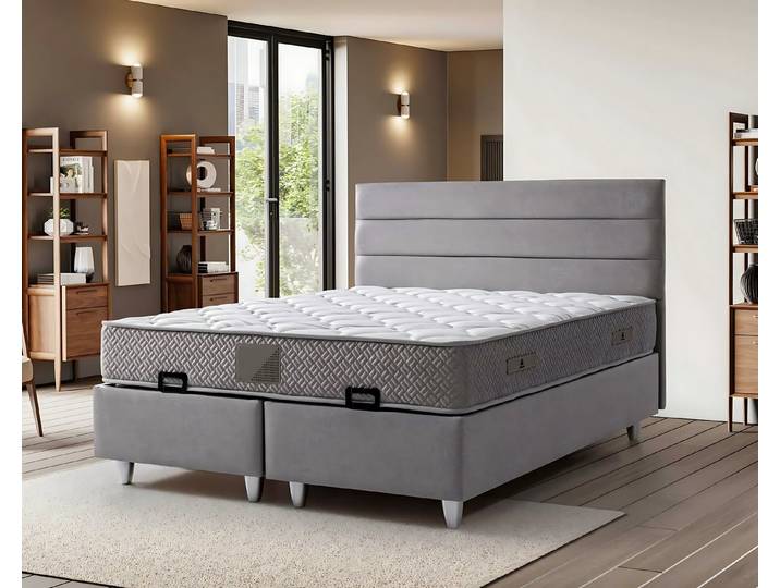 Xlmoebel Boxspringbett Elegantes graues Polsterbett mit Matratze aus Textil und Holz (1-St., Boxspringbett mit Matratze), Made in Europa